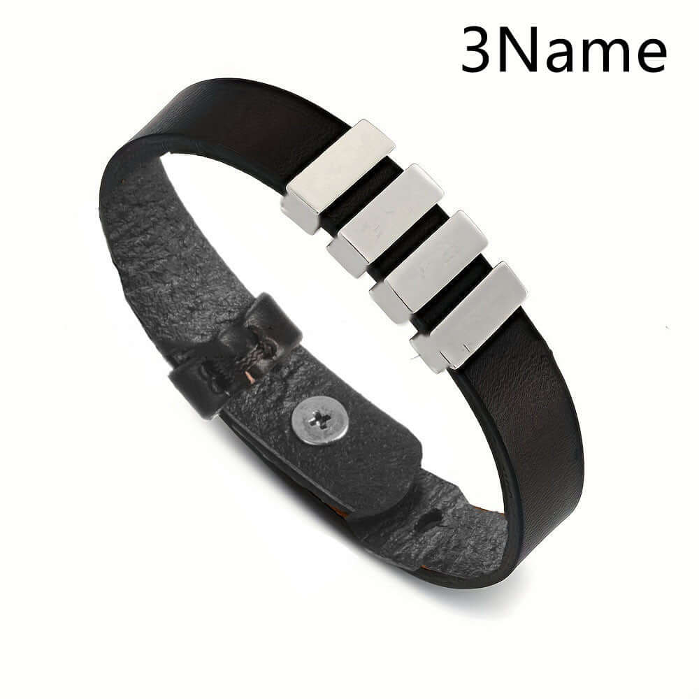 Personalized Men's Leather Bracelet — Custom Engraved Name Beads
