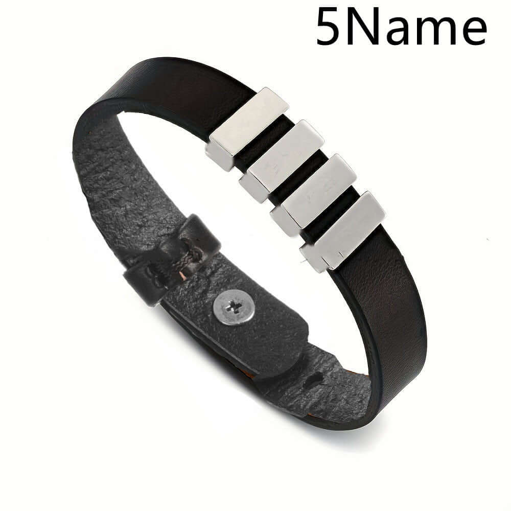 Personalized Men's Leather Bracelet — Custom Engraved Name Beads