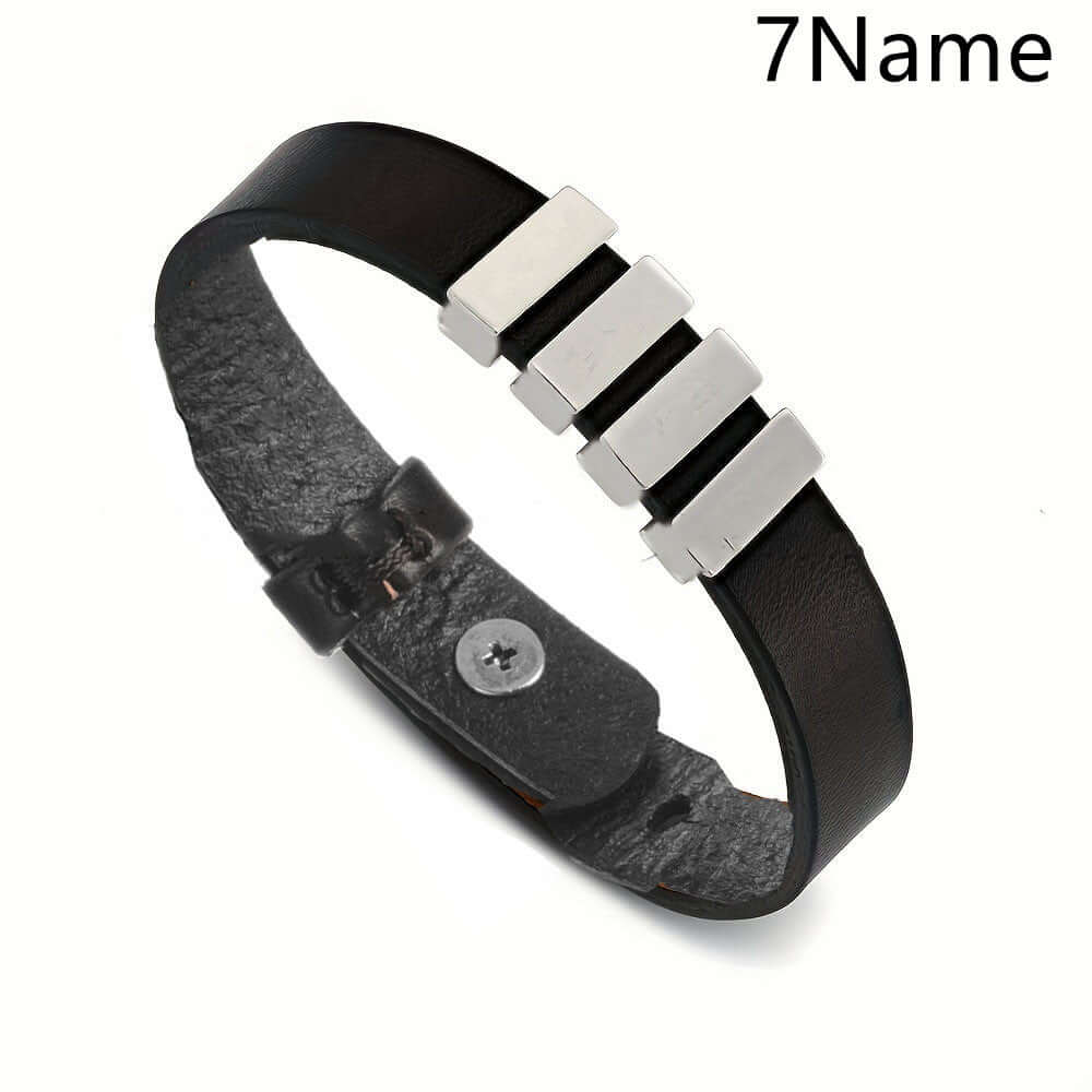 Personalized Men's Leather Bracelet — Custom Engraved Name Beads