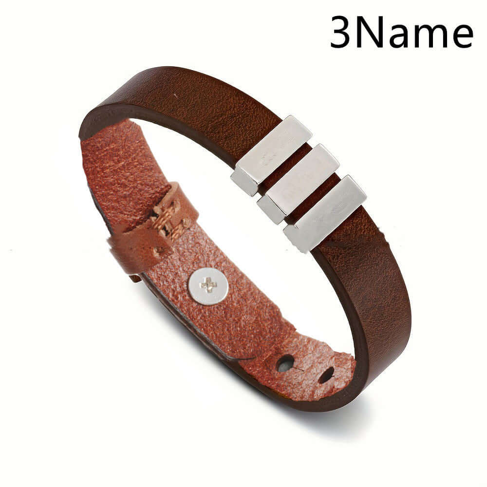 Personalized Men's Leather Bracelet — Custom Engraved Name Beads