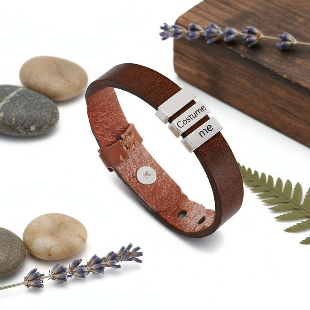 Personalized Men's Leather Bracelet — Custom Engraved Name Beads