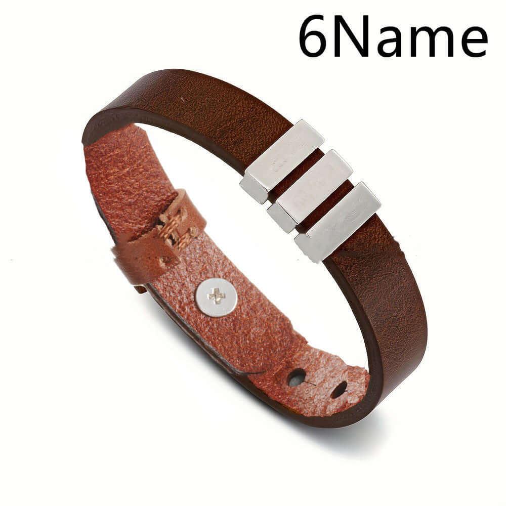 Personalized Men's Leather Bracelet — Custom Engraved Name Beads