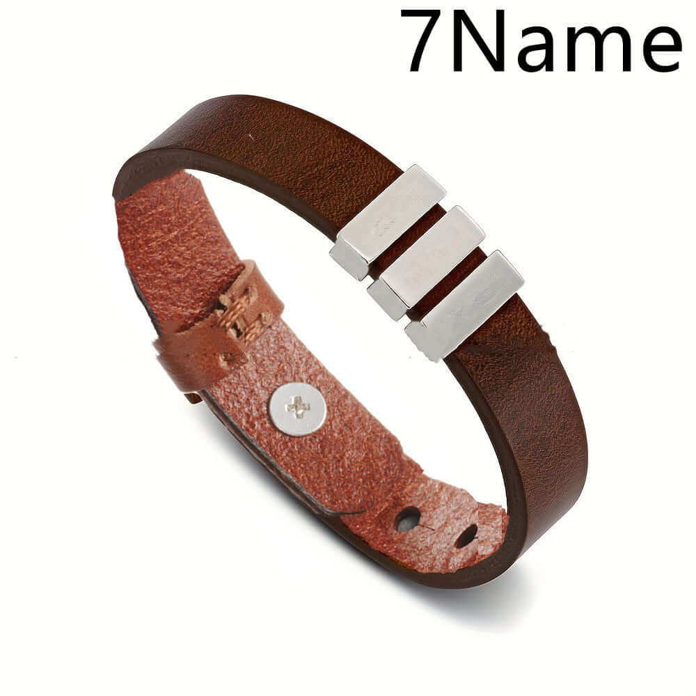 Personalized Men's Leather Bracelet — Custom Engraved Name Beads