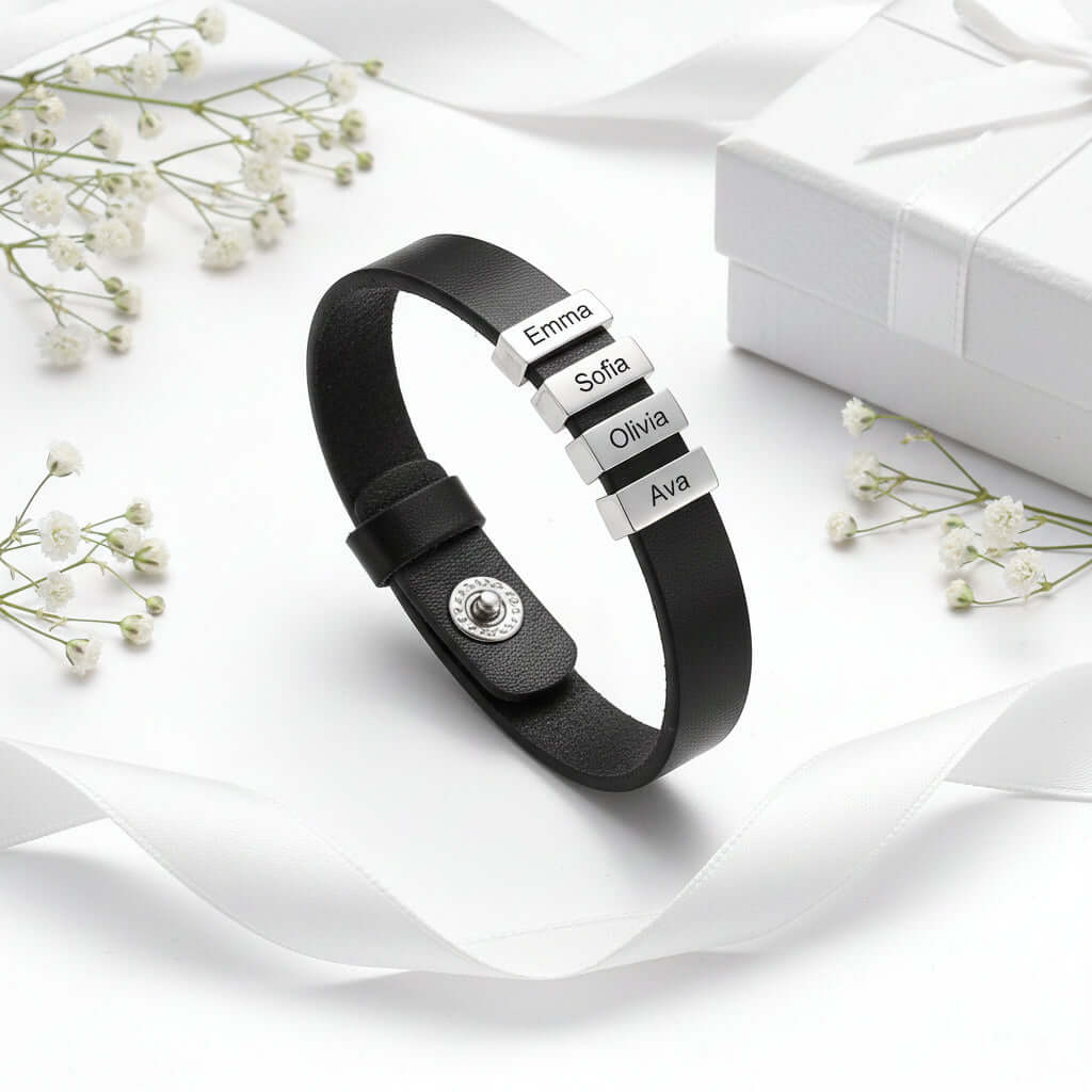 Personalized Men's Leather Bracelet — Custom Engraved Name Beads