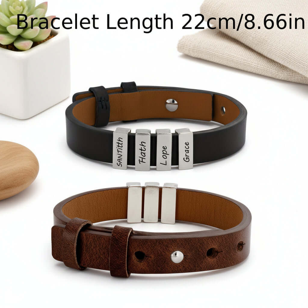 Personalized Men's Leather Bracelet — Custom Engraved Name Beads