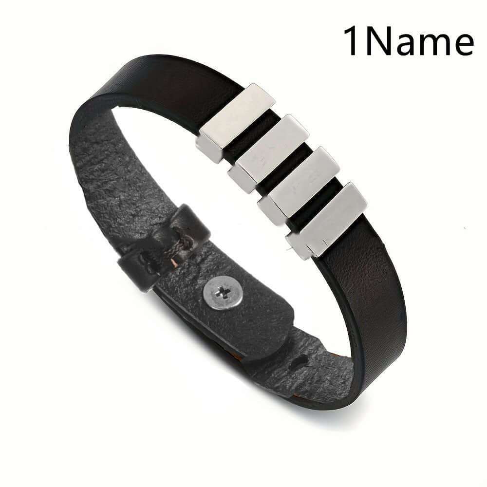 Personalized Men's Leather Bracelet — Custom Engraved Name Beads