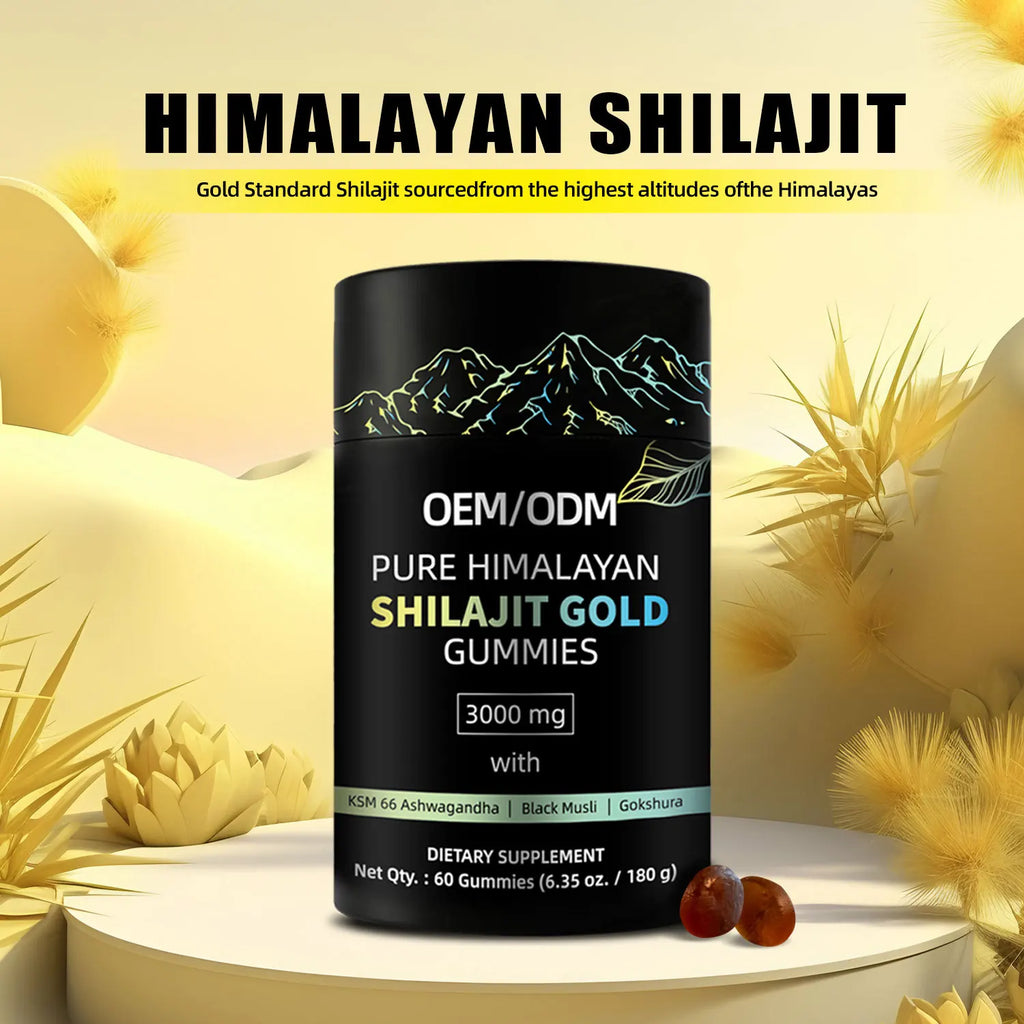 Himalayan Shilajit Gummies packaging with mountain design on a yellow background