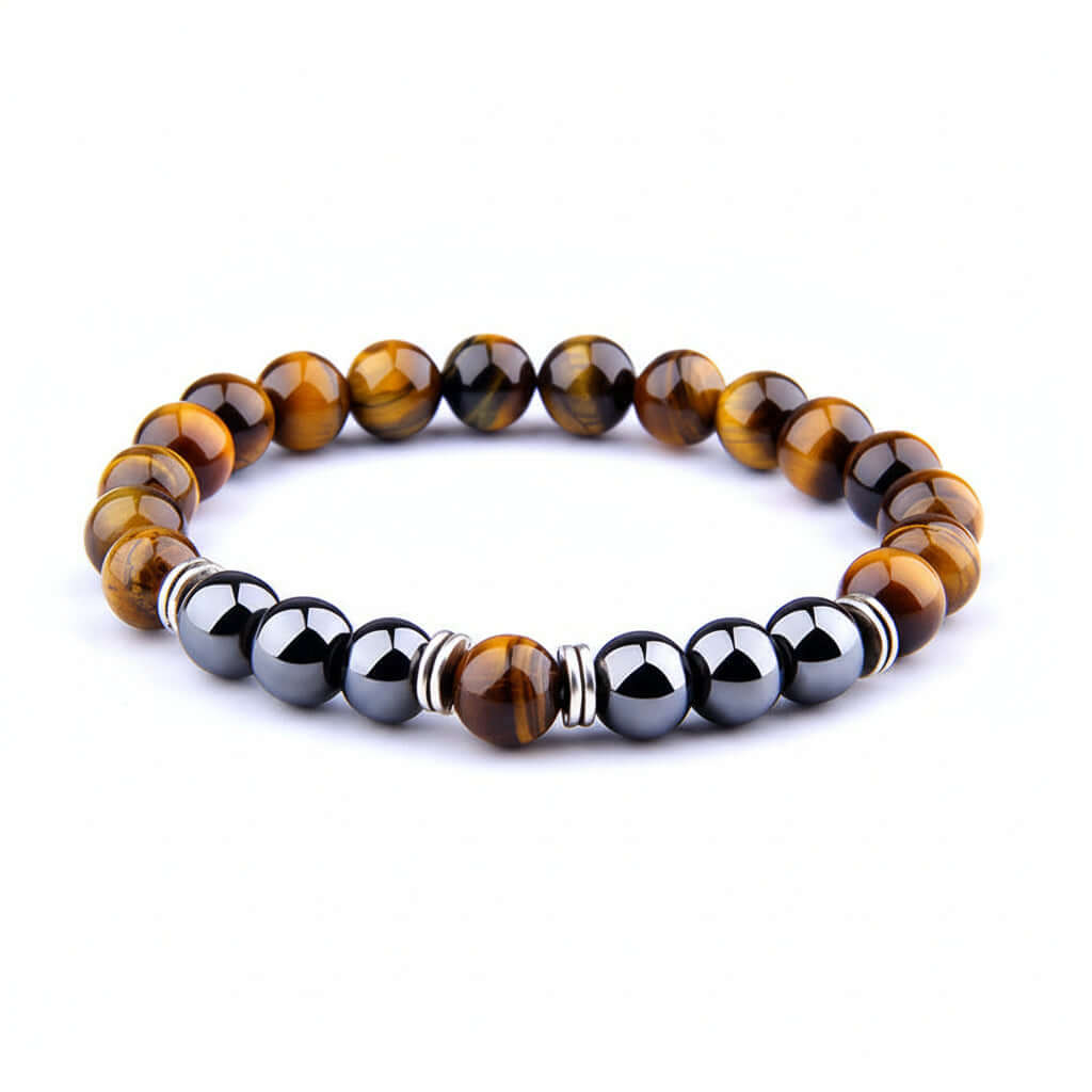 Tiger Eye & Hematite Stone Bracelet — Natural Gemstone, Elastic & Unisex