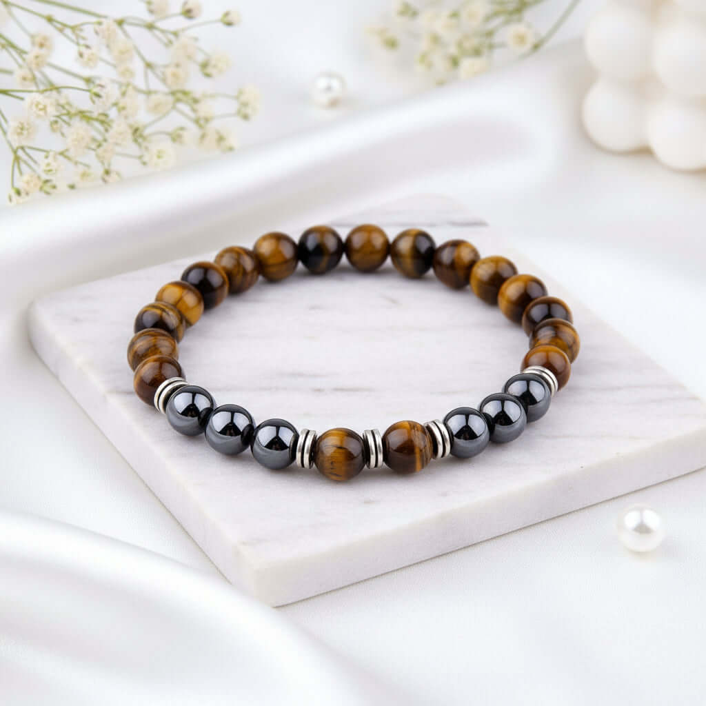 Tiger Eye & Hematite Stone Bracelet — Natural Gemstone, Elastic & Unisex