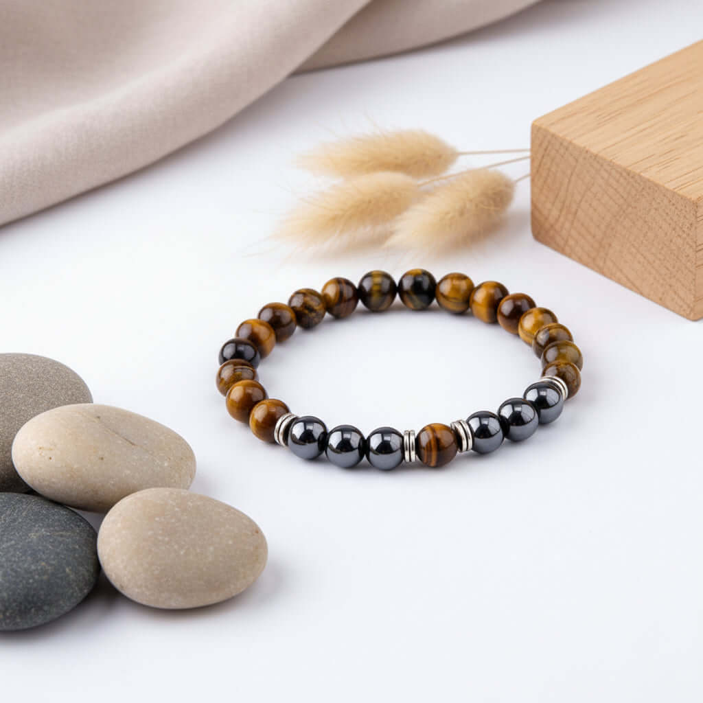 Tiger Eye & Hematite Stone Bracelet — Natural Gemstone, Elastic & Unisex