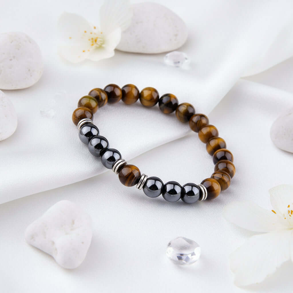 Tiger Eye & Hematite Stone Bracelet — Natural Gemstone, Elastic & Unisex