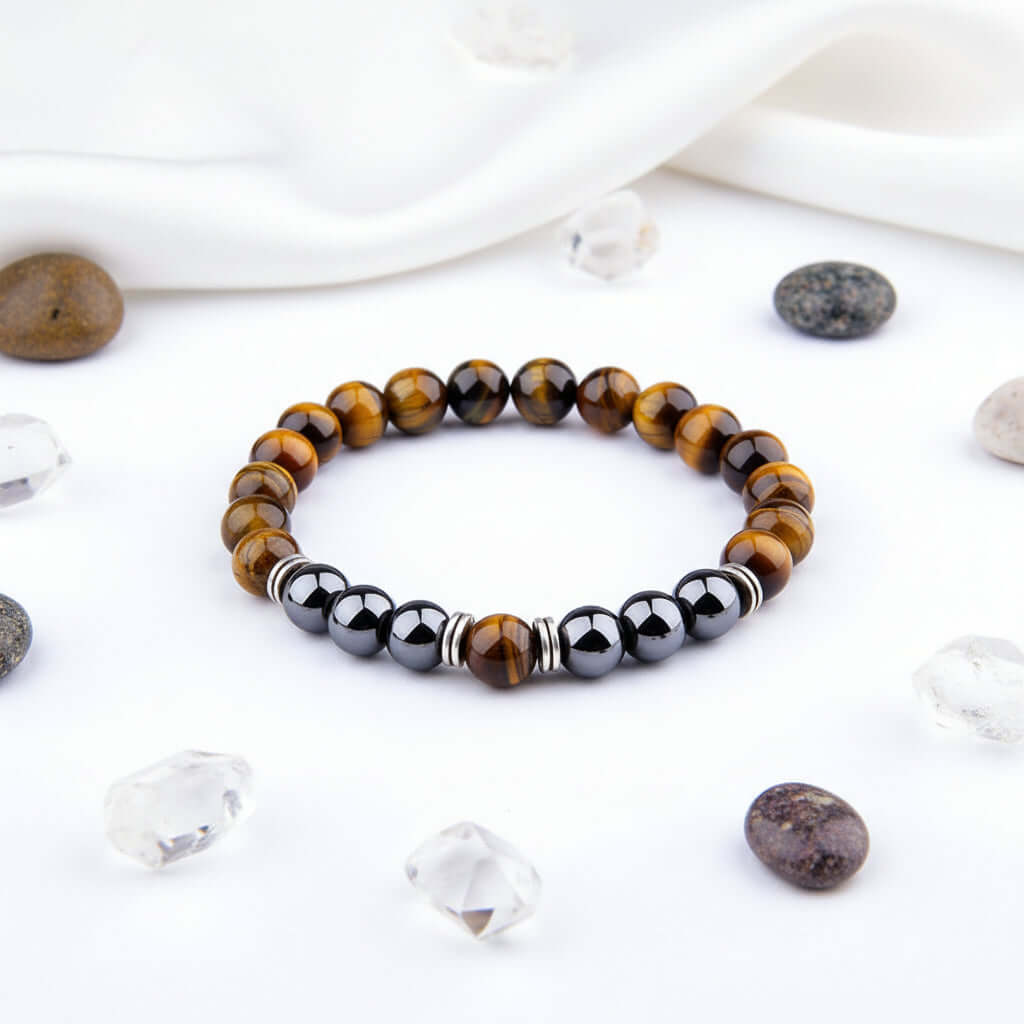 Tiger Eye & Hematite Stone Bracelet — Natural Gemstone, Elastic & Unisex