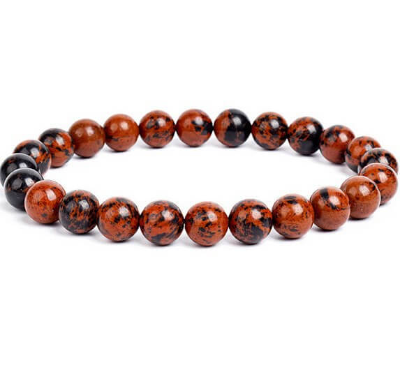 Beaded bracelet with alternating brown and black beads on a white background