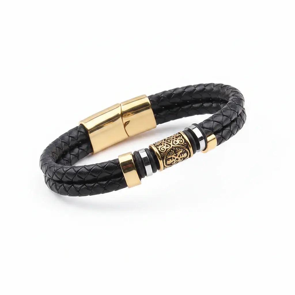 Viking Rune Leather Bracelet — Braided Stainless Steel Norse Bracelet with Wooden Gift Box
