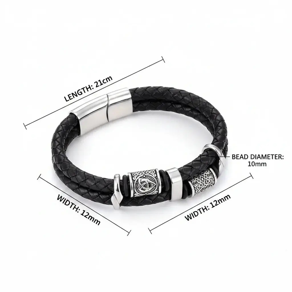 Viking Rune Leather Bracelet — Braided Stainless Steel Norse Bracelet with Wooden Gift Box