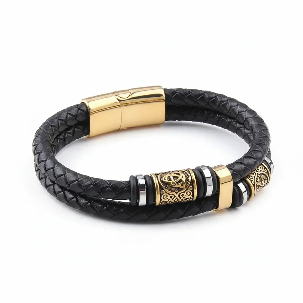 Viking Rune Leather Bracelet — Braided Stainless Steel Norse Bracelet with Wooden Gift Box