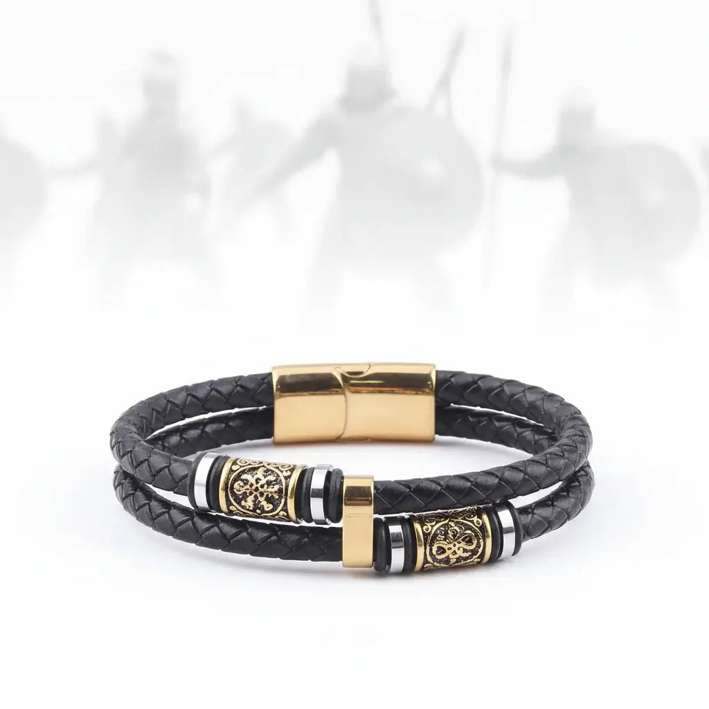 Viking Rune Leather Bracelet — Braided Stainless Steel Norse Bracelet with Wooden Gift Box
