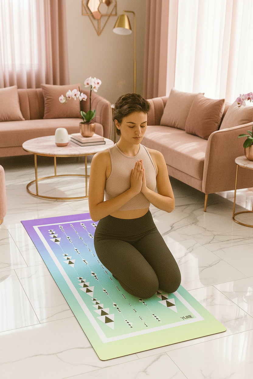 Woman practicing yoga on a colorful mat in a minimalistic room.