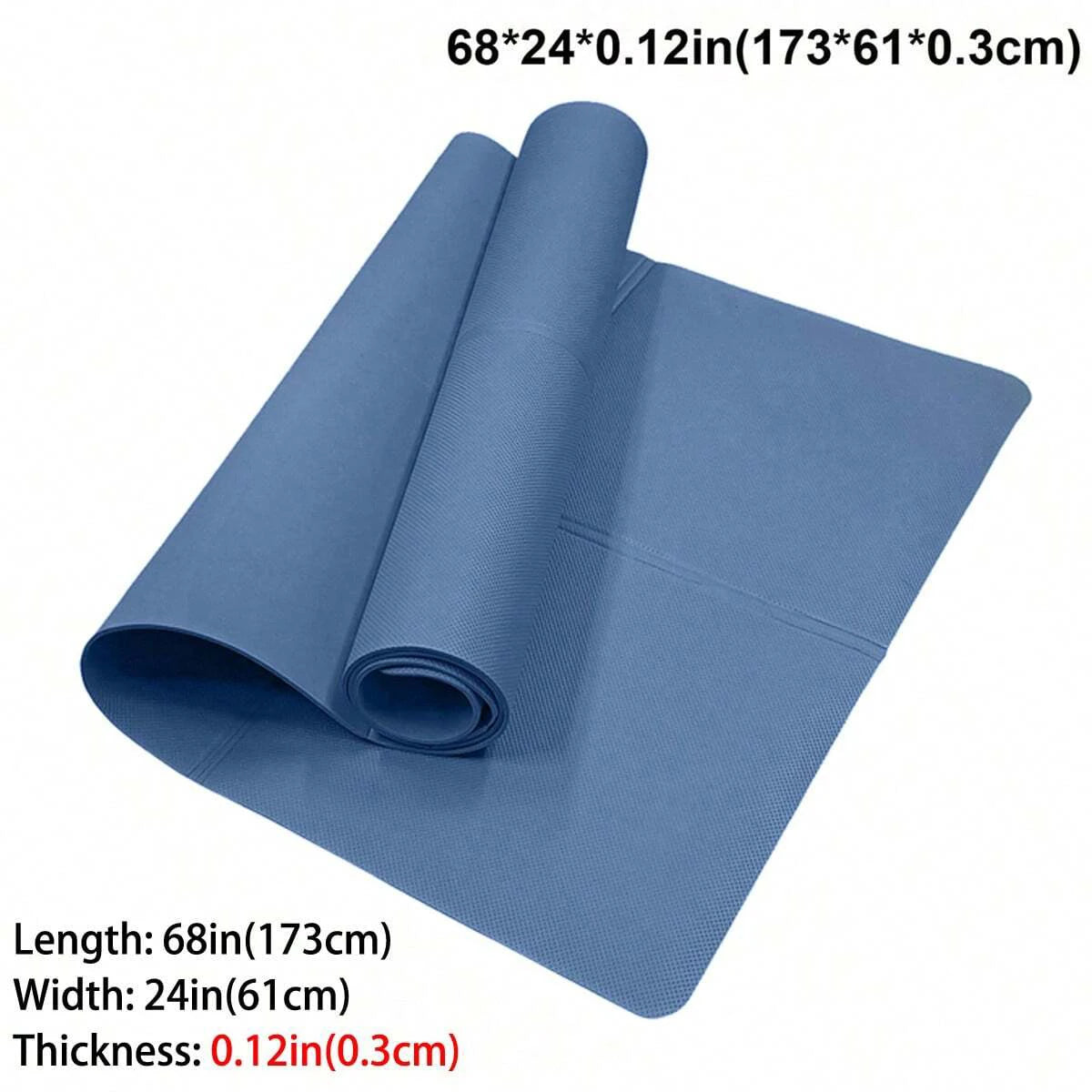 Blue yoga mat rolled up with dimensions displayed
