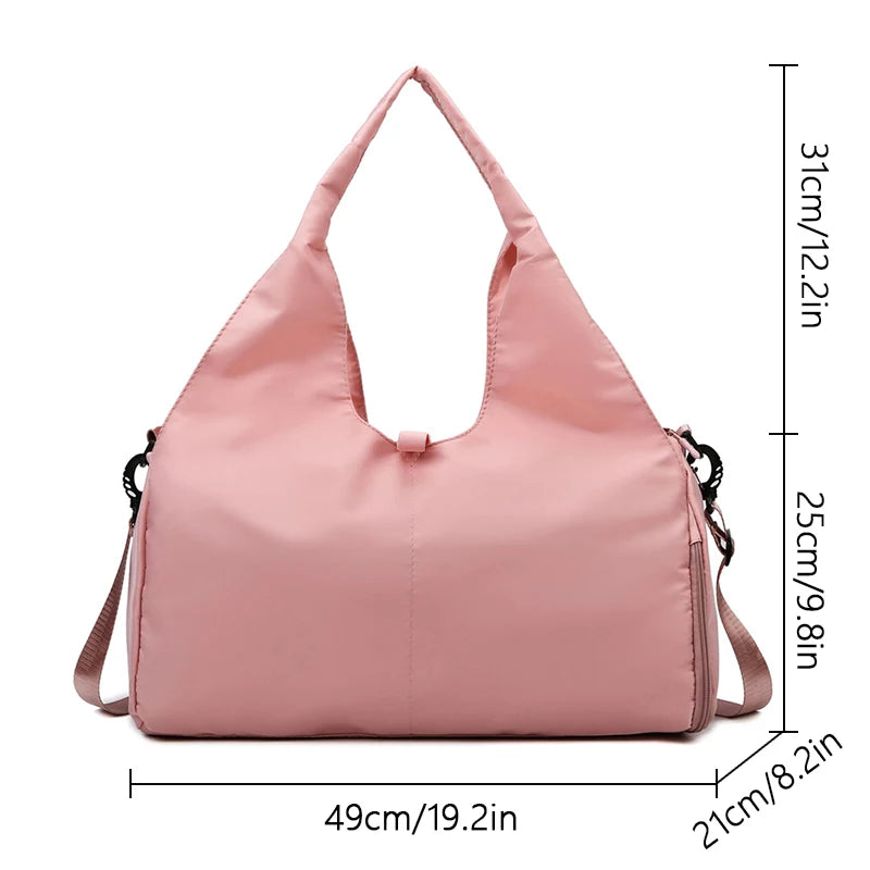 Pink handbag with measurements on a white background
