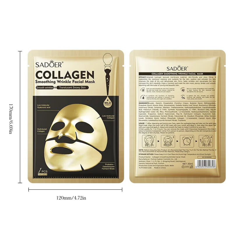 Collagen smoothing wrinkle facial mask packaging with dimensions on a white background