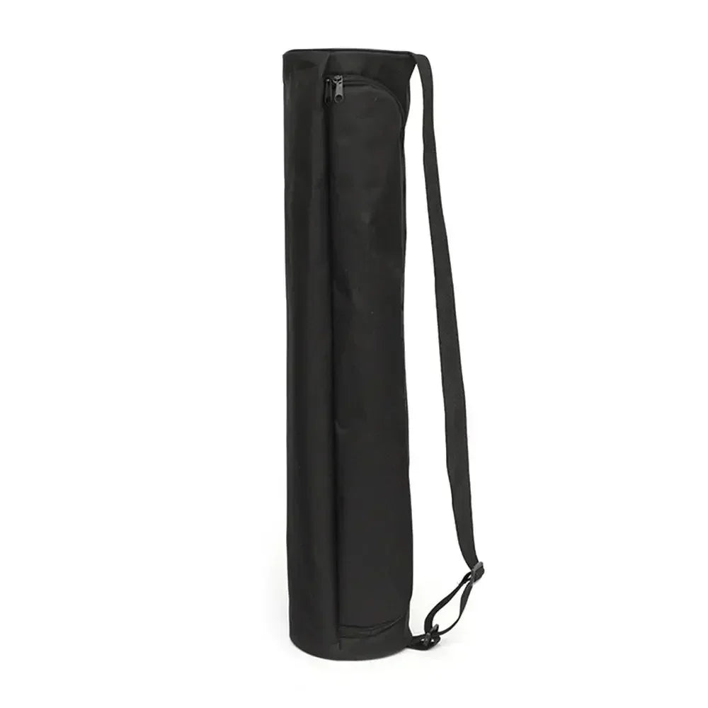 Black yoga mat bag with a strap on a white background