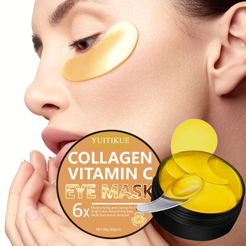Collagen vitamin C eye mask packaging with a woman wearing the mask on her face.