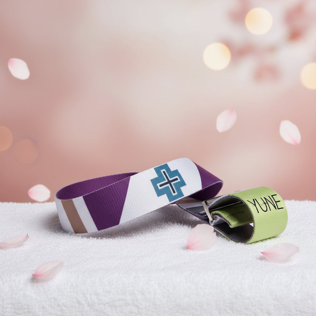 Colorful belt with a logo and 'YUNE' branding on a white background