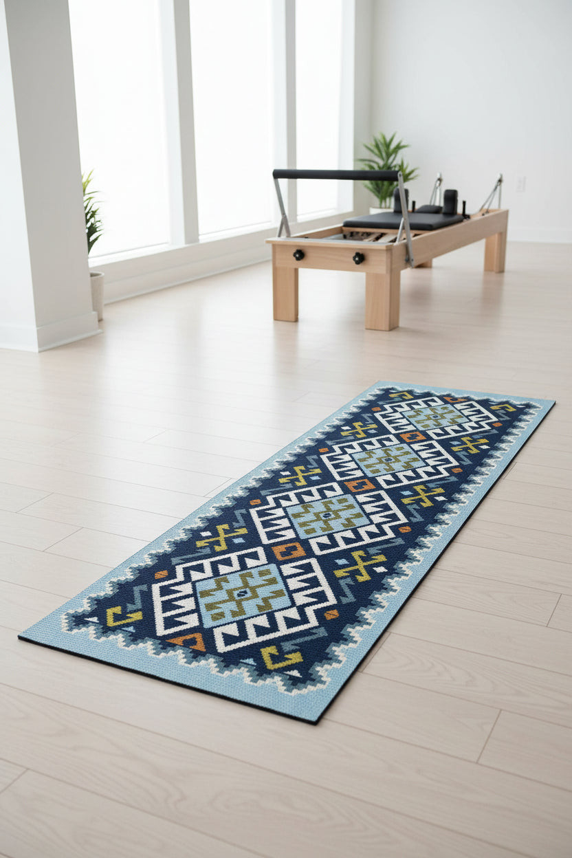 Decorative rug with geometric pattern on a light blue background