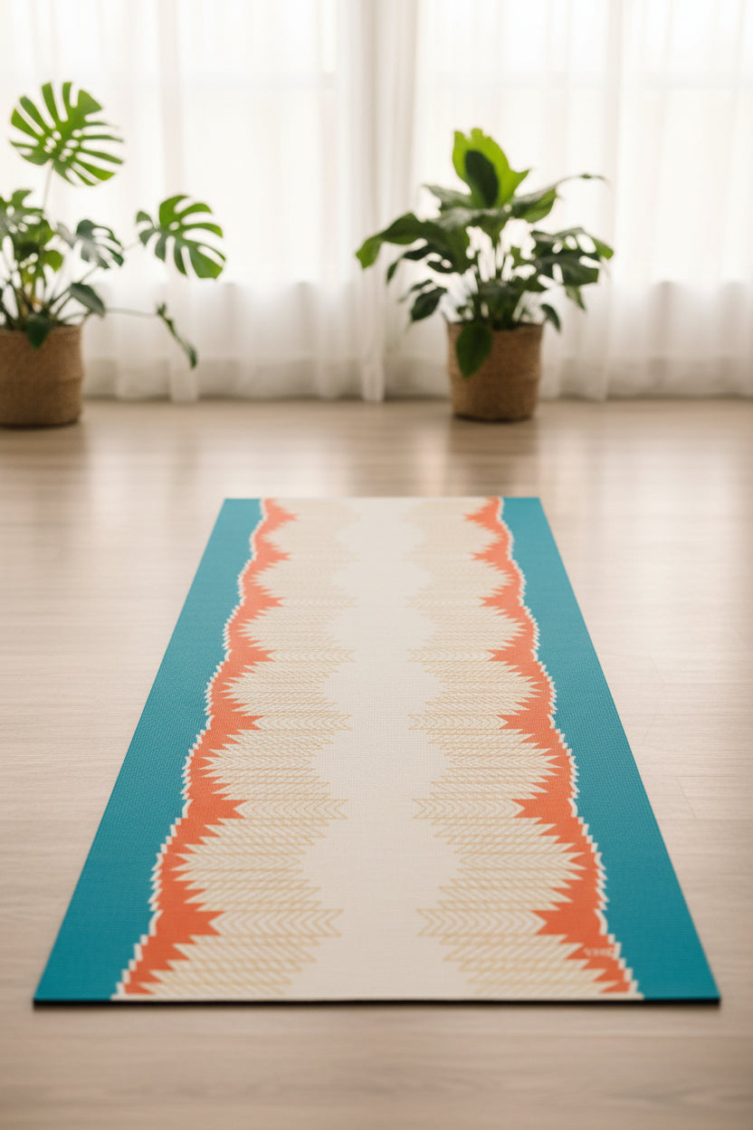 Rectangular mat with a zigzag pattern in red, white, and blue on a white background
