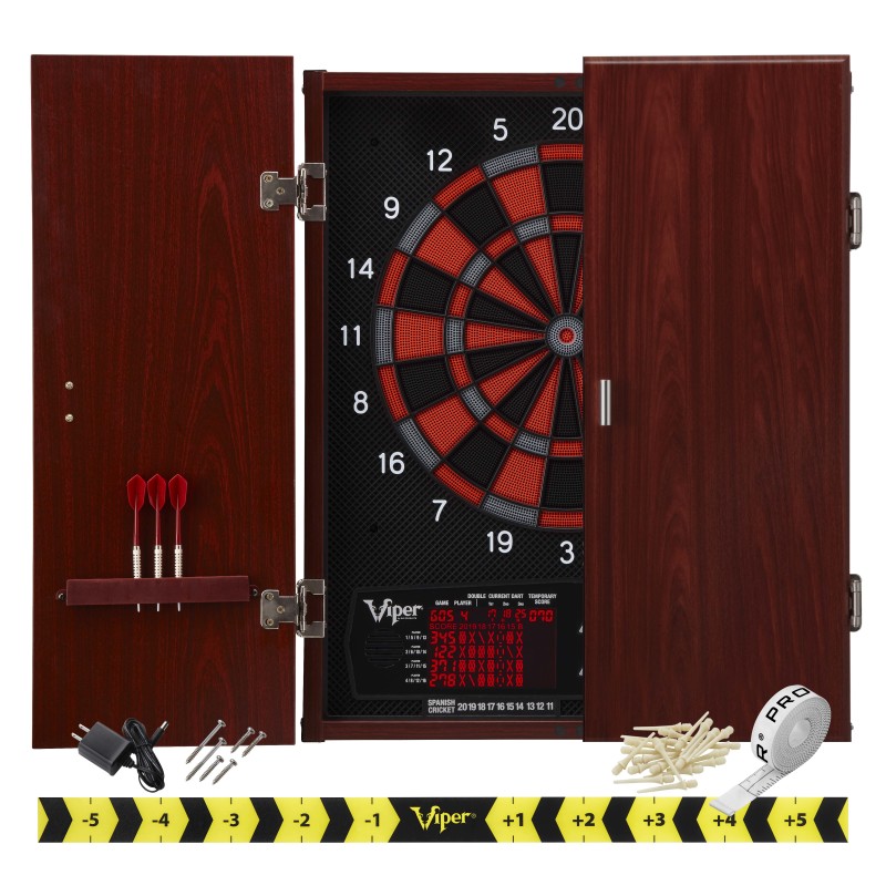 Dartboard cabinet with open doors showing red and black electronic target with numbered segments and darts